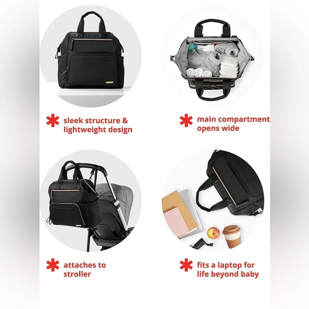 Skip Hop Diaper Bag Backpack: Mainframe Large Capacity, Black with Gold Trim